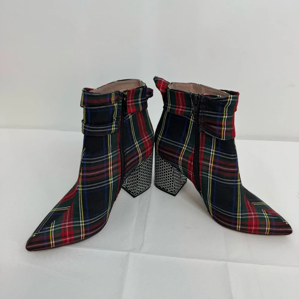 Betsey Johnson 7M Millburn Plaid Booties Ankle Boots Buckle Rhinestones